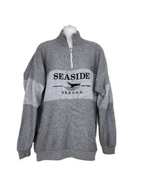 Seaside Oregon Sweatshirt 1/4 Zip Top Whale Grey Stripe Vintage 90s Lg